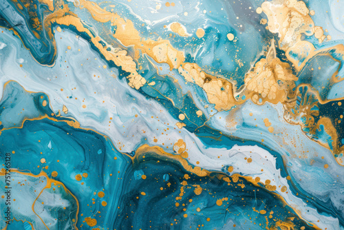 Blue and Gold Abstract Painting on a Luxurious Marble Acrylic Background: A Close-Up View.