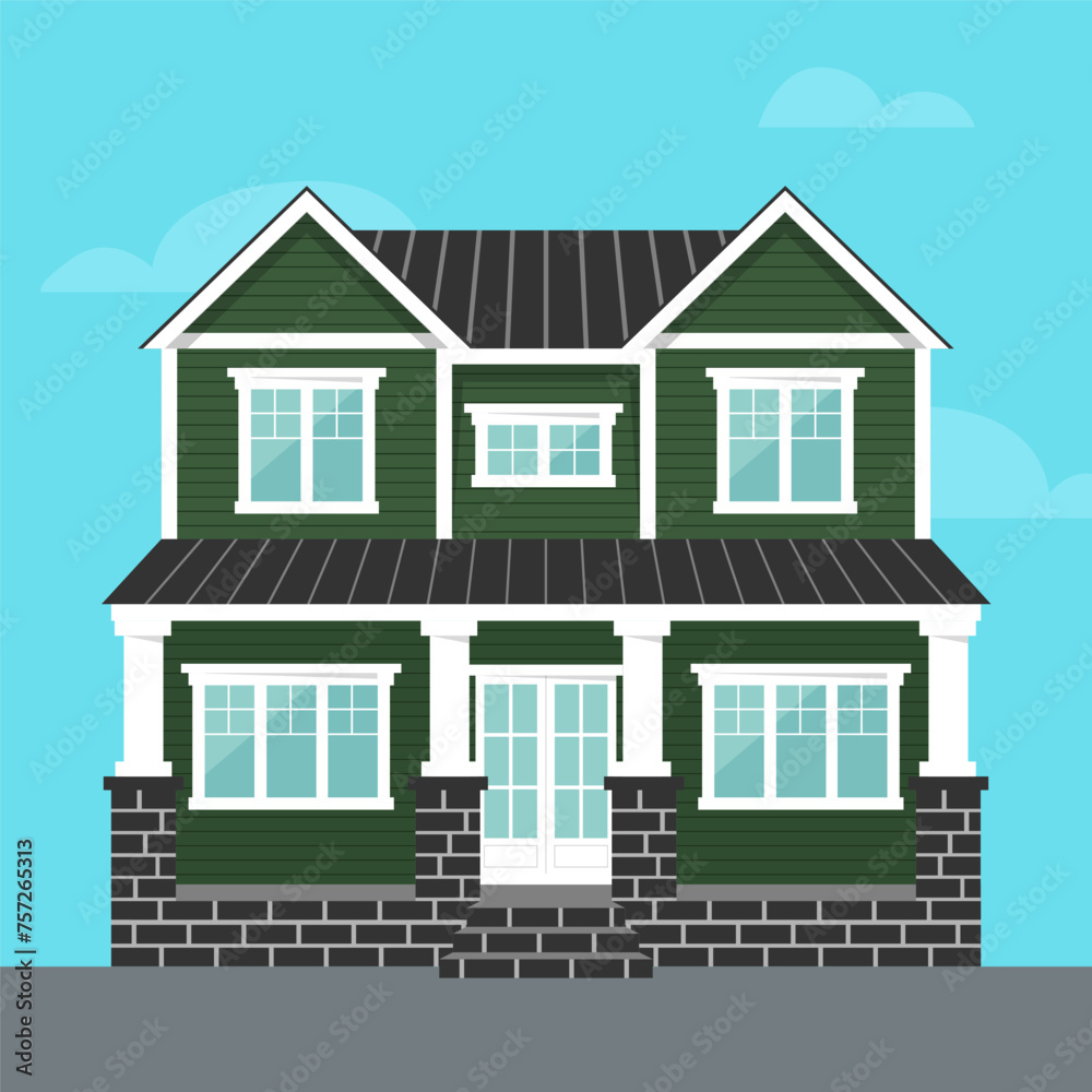 Vector house with porch. Green two-storey house with porch in flat style. Sweet home. Vector illustration Vector house with porch. Green two-storey house with porch in flat style. Sweet home. Vector illustration