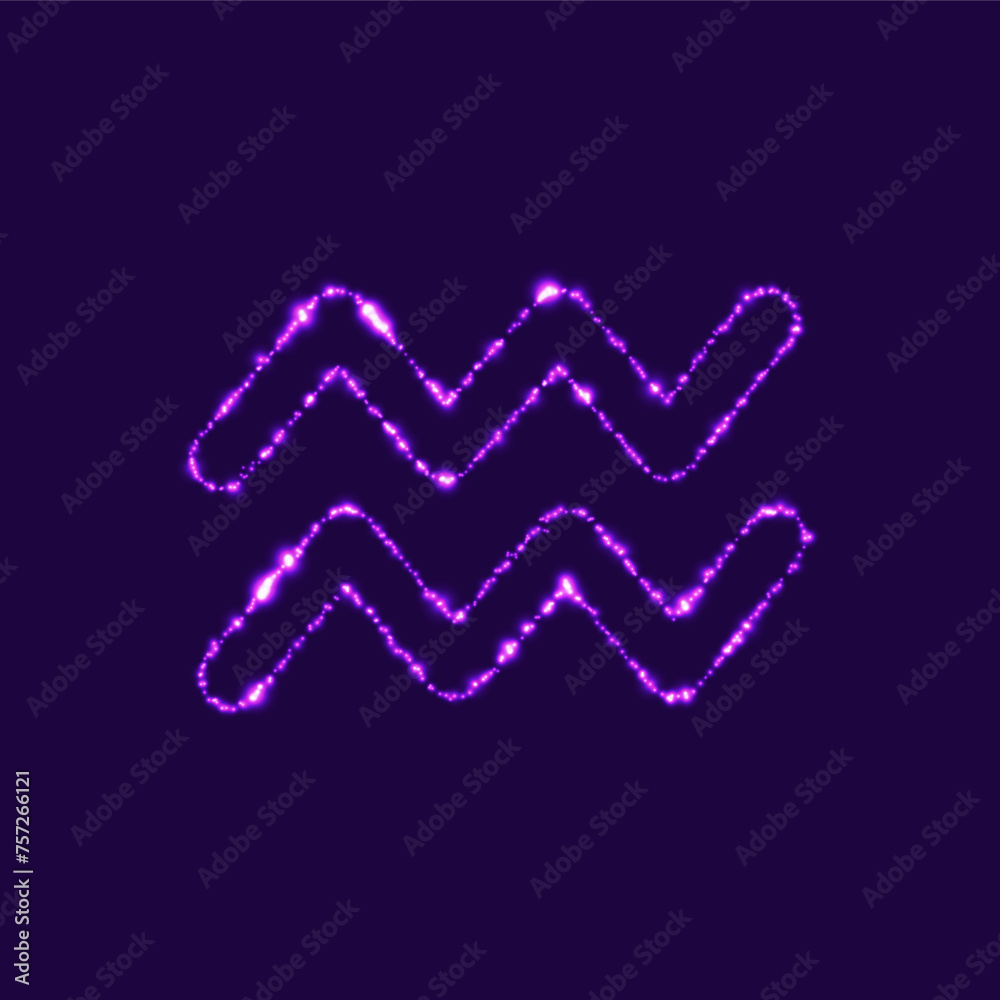 Illustration depicting the zodiac sign Aquarius, in the form of glowing dots, on a dark purple background