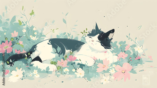 An illustration of a peaceful black and white cat lying amongst blooming spring flowers  invoking a sense of serenity. 