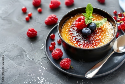 Delicious creme brulee with berries in bowl and spoon on grey table, closeup. Space for text photo