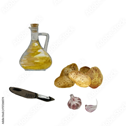 Potato oil knife garlic a watercolor illustration