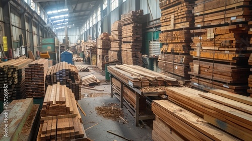 From Forest to Factory - Stacked wood pine timber production for processing and furniture production at woodworking enterprise © Gasspoll