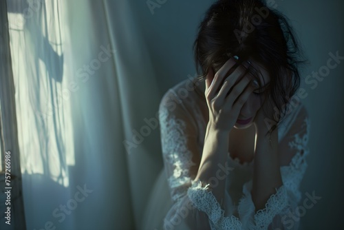 A girl having depression episode, alone in the house