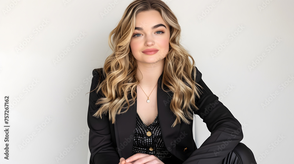 A young, professionally dressed woman with wavy hair and a confident smile sits against a neutral background in a chic black suit.
