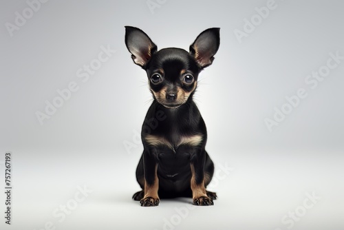 Charming small dog captured against a clean white backdrop, offering an intimate perspective