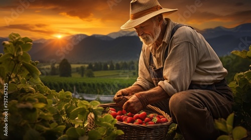 Senior Man, Farmer, Gardener Working in the Garden, Picking ripe red Strawberries in a fruit Farm, Berry Plantation at Sunset. Harvest, Agriculture, Organic Products, Gardening concepts.