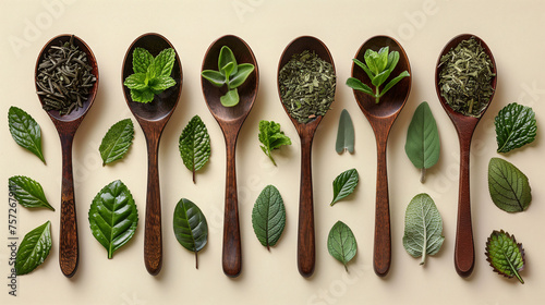 Flat lay of wooden spoons with assorted fresh green leaves on a beige background.