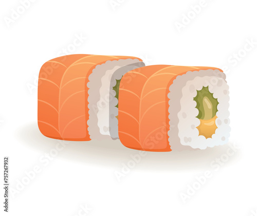 Image of colorful sushi sticker. A playful image of salmon sushi rolls, decorated with many bright and whimsical details, adds a touch of carefree fun to the culinary scene. Vector illustration.