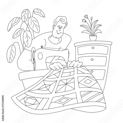 Cheerful man is sewing on a retro sewing machine a patchwork quilt. Vector isolated illustration in cartoon line style.