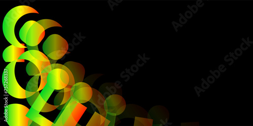 Black banner with yellow, green and red geometric shapes.