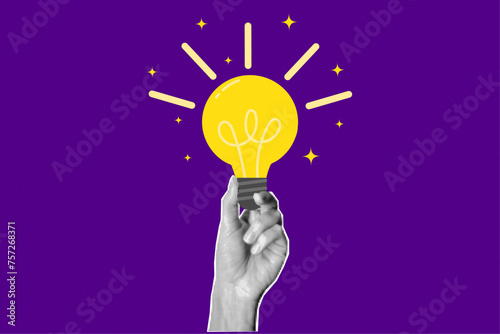 Halftone collage retro banner, paper cut out magazine elements. Hand holding flat glowing light bulb on textured purple background. Answer, idea, problem solving or business solution concept.