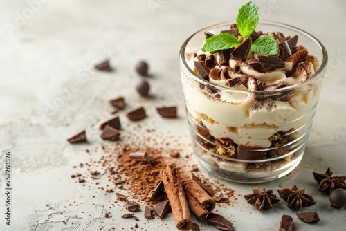 Delicious tiramisu in glass on light table. Space for text © Straxer