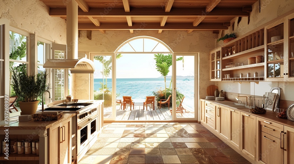 Obraz premium Mediterranean Style Kitchen with Ocean View