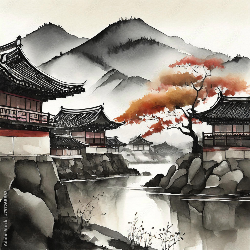 한국의 전통 가옥들이 모여있는 풍경의 수묵화 3