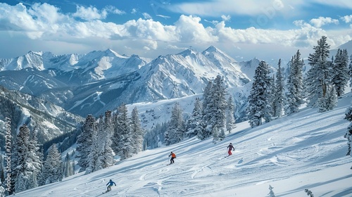 A family skiing or snowboarding down pristine slopes in a snowy mountain resort