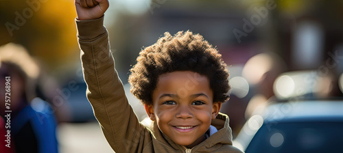 Black kid with fist raised in a protest ©  Mohammad Xte