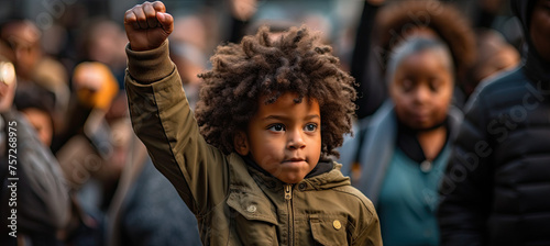 Black kid with fist raised in a protest