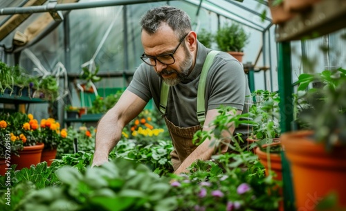 Gardener Tending to Plants in a Lush Greenhouse. Generative ai