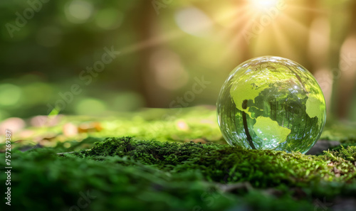 Glass crystal ball globe of planet earth lies on green grass in sunny forest, concept for eco, nature, environment, environmental protection and conservation concept