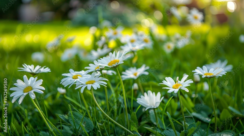 Daisies in Bloom on a Lush Green Lawn. Generative ai Daisies in Bloom on a Lush Green Lawn. Generative ai