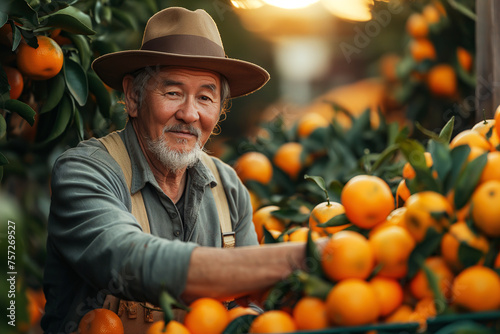 asian elderly man worker harvests ripe orange tangerines in boxes on plantation on a farm in garden