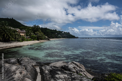 panoramic view of the sea bays and beaches on a sunny day of the Seychelles islands