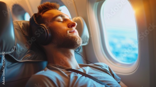 Young Man Relaxing with Closed Eyes During Airplane Journey © Maximilien