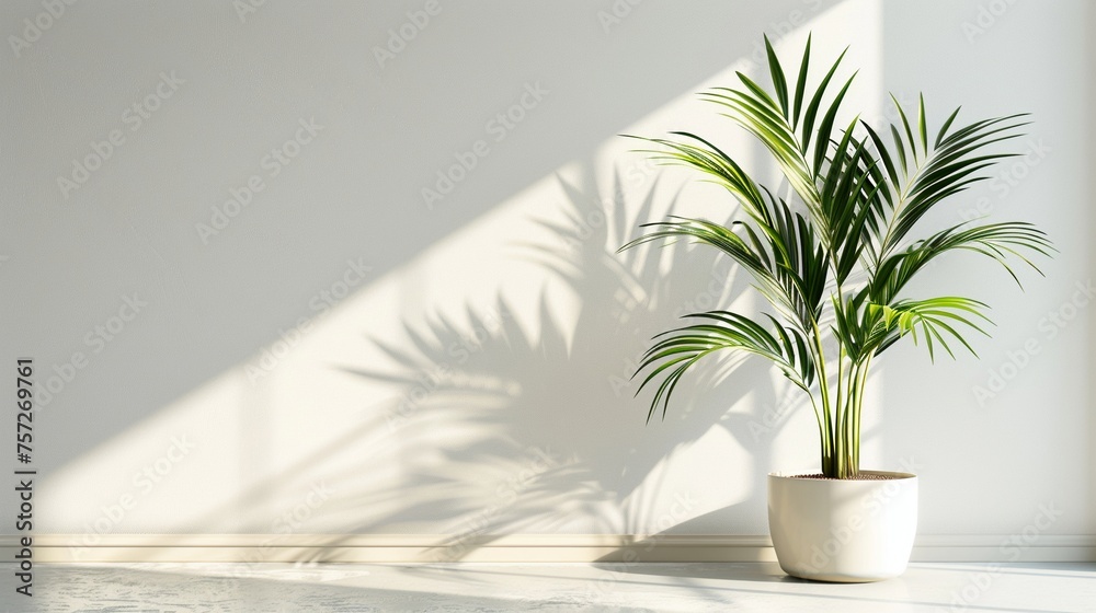 Clean White Wall with Shadow of Tropical Palm Botany Leaf Pattern Clean White Wall with Shadow of Tropical Palm Botany Leaf Pattern
