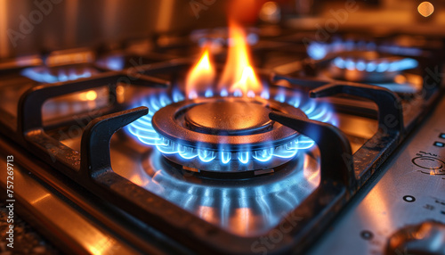 Close up of fire from domestic kitchen stove top. Gas cooker with burning flames of propane gas. Gas supply chain and news. Global gas crisis and price. Air pollution. Environmental threat