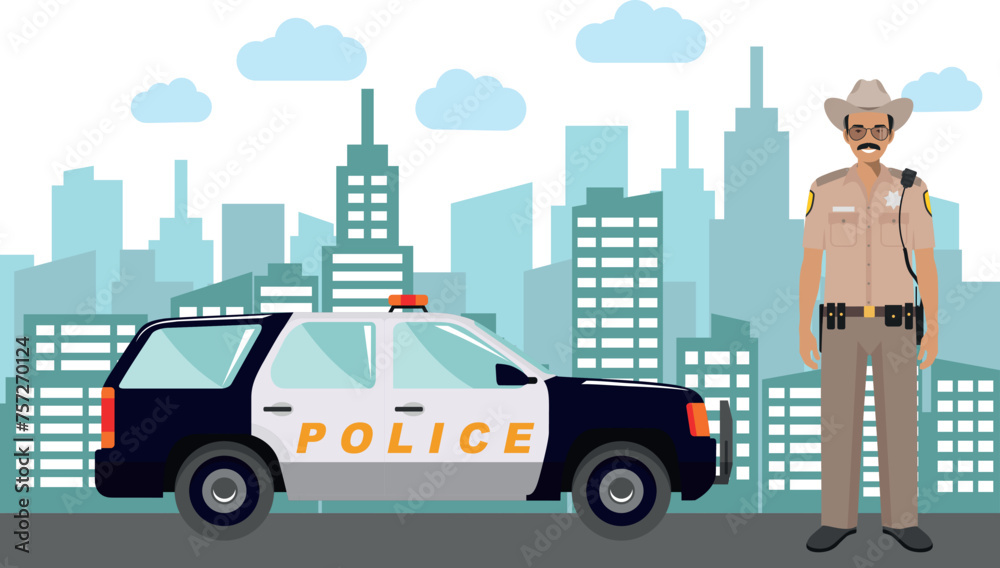 Young Cute Smiling Standing Policeman Sheriff Officer in Uniform with Police Car and Modern Cityscape in Flat Style. Vector Illustration Young Cute Smiling Standing Policeman Sheriff Officer in Uniform with Police Car and Modern Cityscape in Flat Style. Vector Illustration