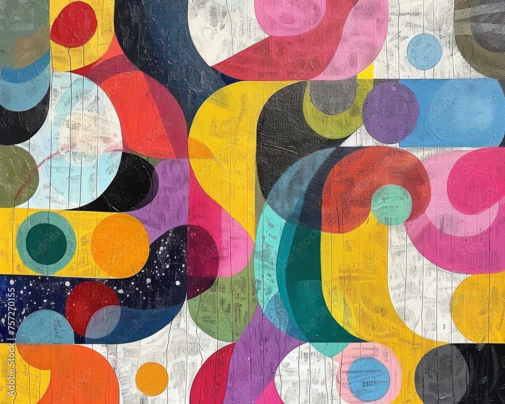 Fototapeta premium 60s-style abstract painting with health and wellness symbols intertwined
