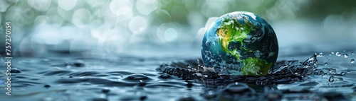 Green globe wrapped in blue water waves, symbol of environmental responsibility and global care