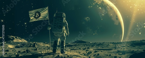 Retro-futuristic astronaut holding a Bitcoin flag on the moon, stars and Earth in background