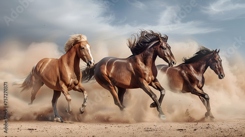 Majestic Horses with Long Mane: Stunning Portrait of Equine Beauty Running and Galloping in Desert Landscape, Graceful Stallions in Motion, Wild Horse Photography, Generative Ai