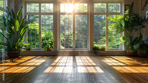 Bright sunlight streaming through large windows into empty room with wooden floors, greenery outside © amixstudio