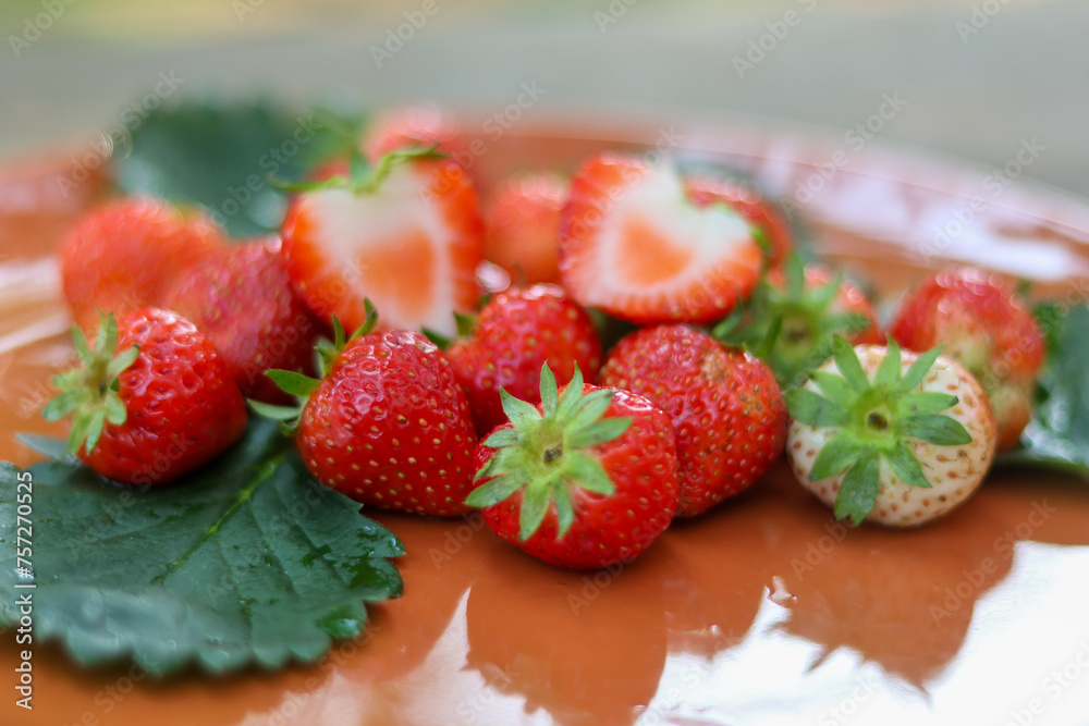 selective focus bright red strawberries on a ceramic plate, looks delicious, lots of strawberries in the plate Eat for health selective focus bright red strawberries on a ceramic plate, looks delicious, lots of strawberries in the plate Eat for health