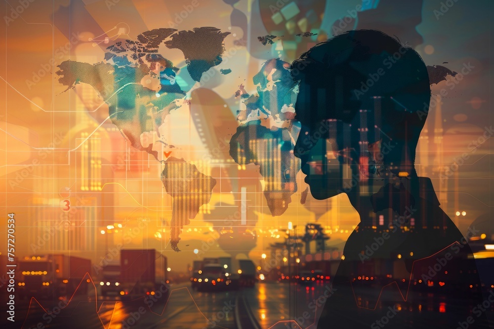 Obraz premium Global Business Network Concept with Silhouette Overlay. Generative ai