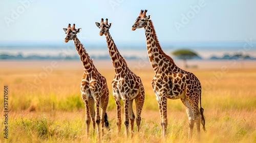Giraffes in the African Savannah: Majestic Wildlife in Serengeti Nation, Wild Giraffe Herd Grazing in Natural Habitat, African Safari Adventure, Safari Landscape Scene, Generative Ai   © Aleem