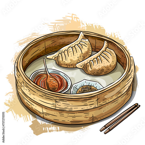Steamed Dumplings in Bamboo Steamer Vector