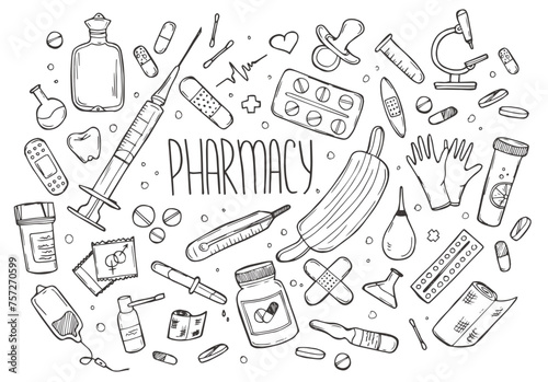 Hand drawn Pharmacy doodle set sketch
