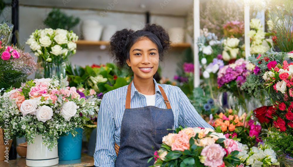 young female of a flower shop standing behind the counter surrounded by flowers