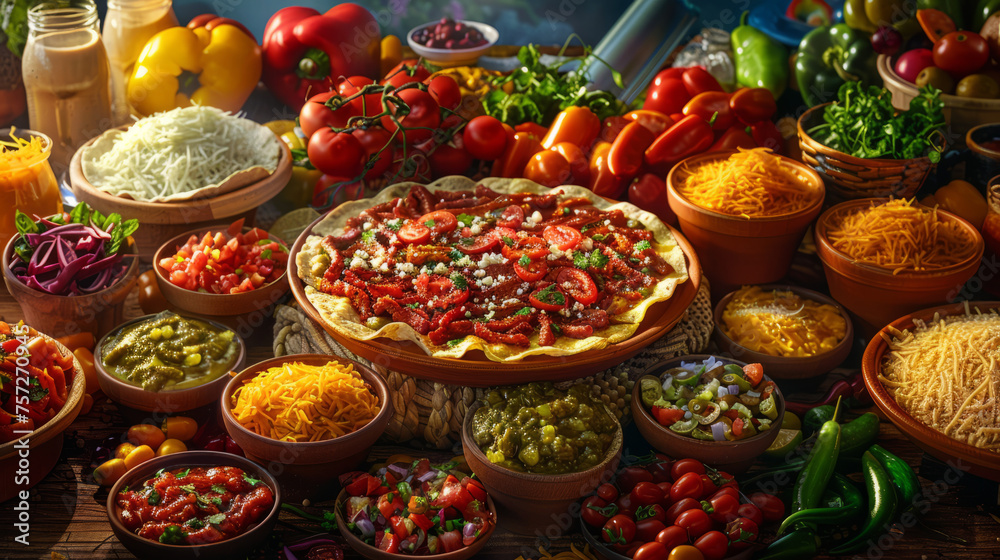 Close-up image of a freshly made pizza with a variety of toppings including tomatoes and cheese, set amongst ingredients and sauces