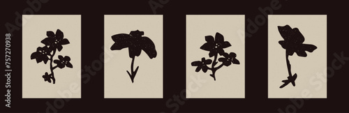 Pressed floral folkart vector motif set. Collection of stylized organic block print wildflower shape with woodcut paper texture effect. 