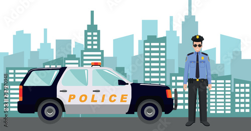 Young Cute Smiling Standing Policeman Officer in Uniform with Police Car and Modern Cityscape in Flat Style. Vector Illustration