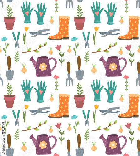 Seamless colorful pattern with Garden equipment and plants. Vector cartoon backdrop in flat style	