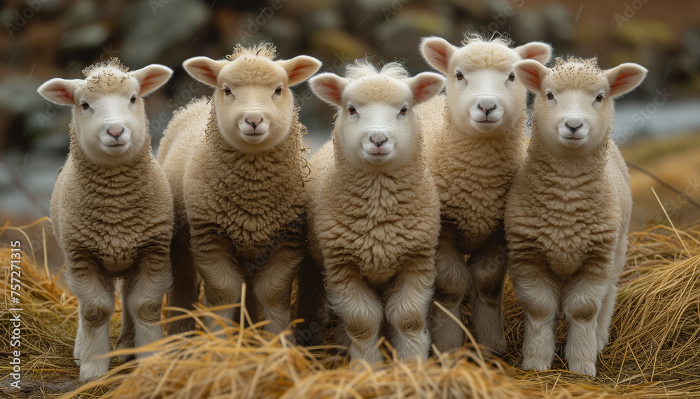 Obraz premium A group of baby sheeps grazing on forest farm, wood house on background. Ecology, eco meat
