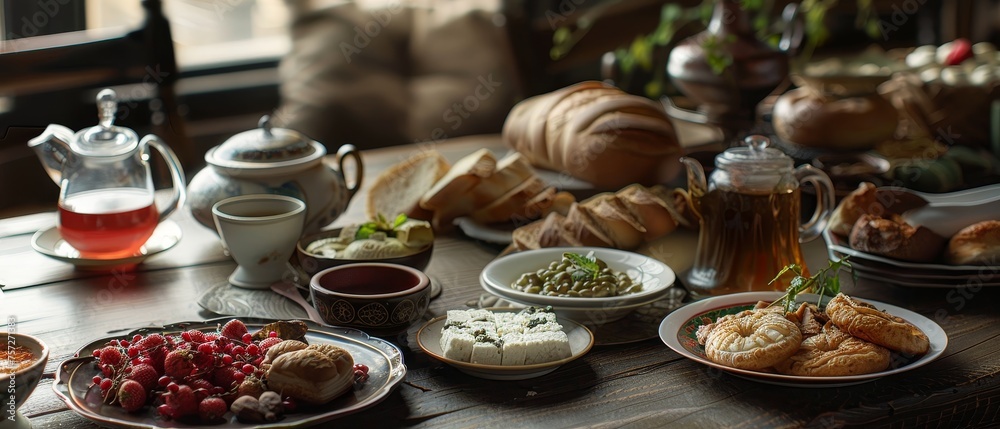 A variety of freshly baked bread and appetizers served on a table with a floral cloth, showcasing a delightful meal.