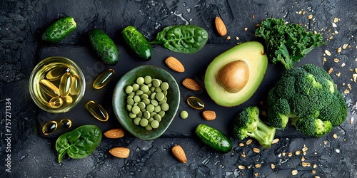 Food background set of food on an old black background the concept of healthy eating ,Green vegetables fruits and nuts avocado broccoli pistachios parsley celery cucumber and kiwi top view rustic sty
 photo