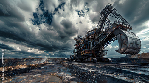 Huge Coal Mining Machine Under Cloudy Sky, Industrial Equipment for Extracting Coal, Mining Industry Concept, Generative AI

 photo